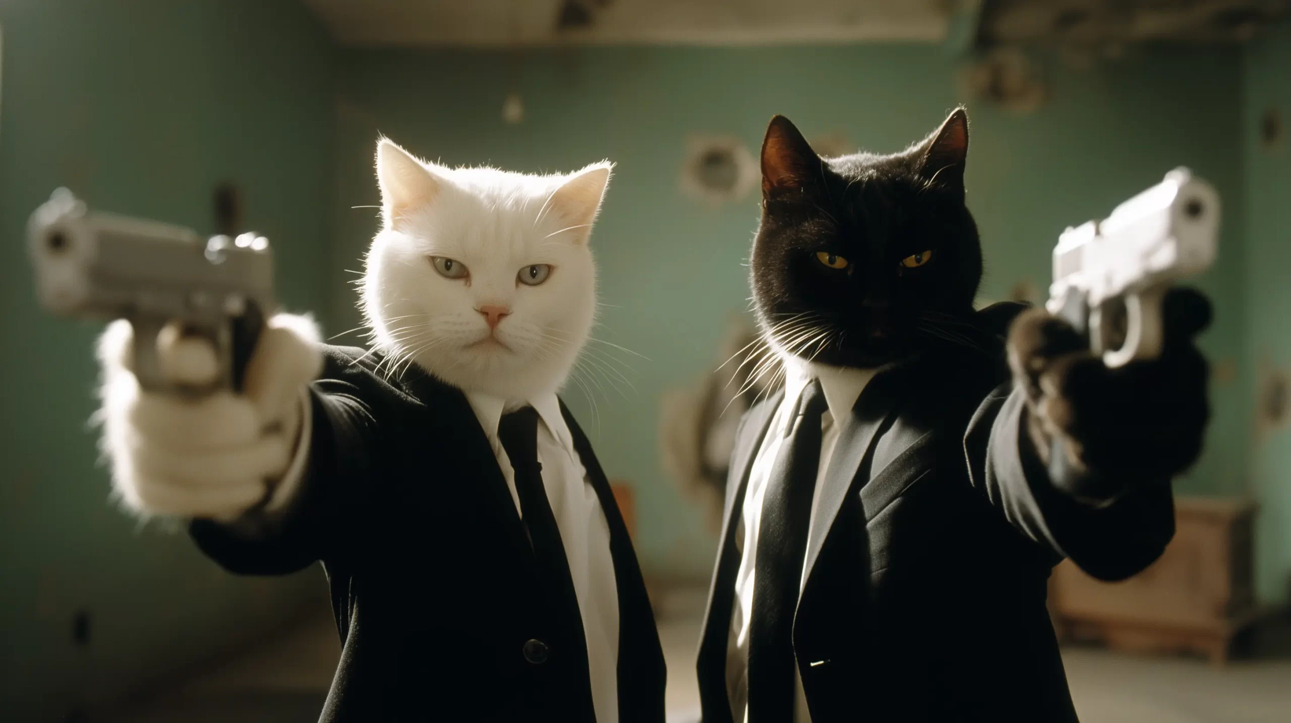 Two anthropomorphic cats in black suits, Fashion Cats